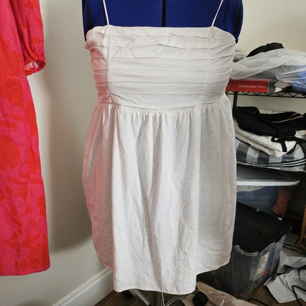 Pleated Bodice White Baby Doll Sundress XL Linen Blend Euro Summer Bridal Look